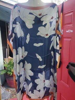 Navy Floral Sheer Kaftan with Cream Blooms, Red Accent Jewels. Brand New.